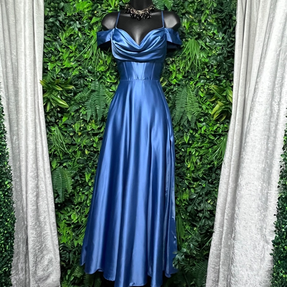 Windsor Satin Off-Shoulder Prom Gown in Blue - Picture 2 of 8